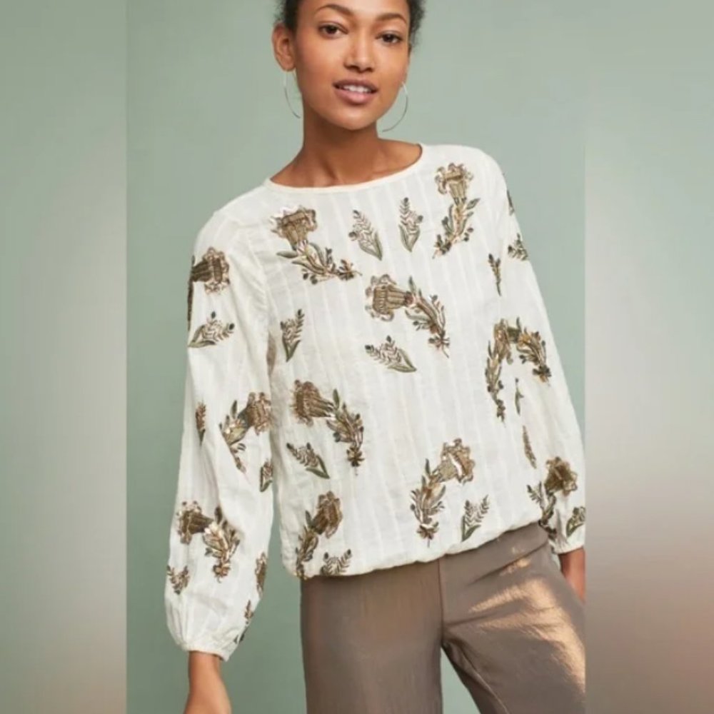 Anthropologie Seen Worn Kept Gold Beaded Sequin Embellished Blouse
